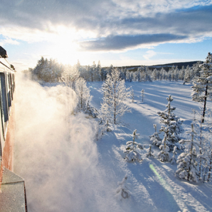 Tåg i vinterskrud på Inlandsbanan